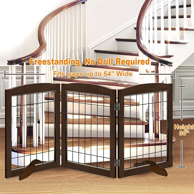 LZRS 3-Panel Freestanding Adjustable Wooden Dog Gate—30" Tall Foldable Pet - Image 2