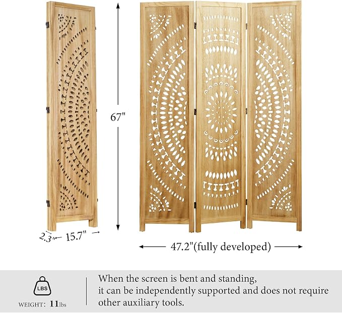 Room Divider Wood Carved Wall Divider Indoor Folding Bohemian Style Portable - Image 5