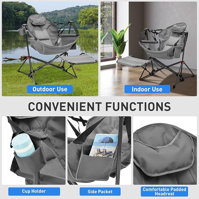 Camping Chair with Detachable Footrest, Grey Polyester Recliner
