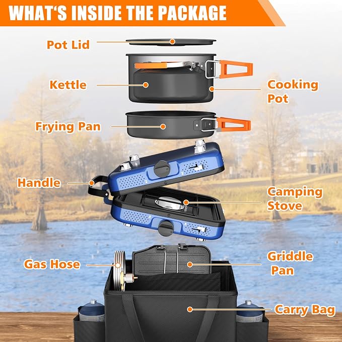 Hisencn Camping Stove, 2 Burner Propane Stove, 20000 BTU/h Camping Cooking set - Image 2