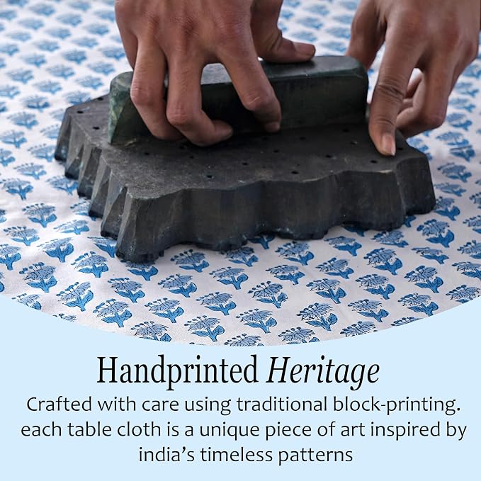 CPC Apatite Blue Floral Hand Block Printed 100% Cotton Tablecloth 60x108 - Image 5