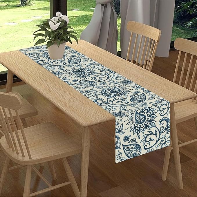 Blue Paisley Table Runner, Vintage Damask Antique Floral Flower Boho Damask - Image 2