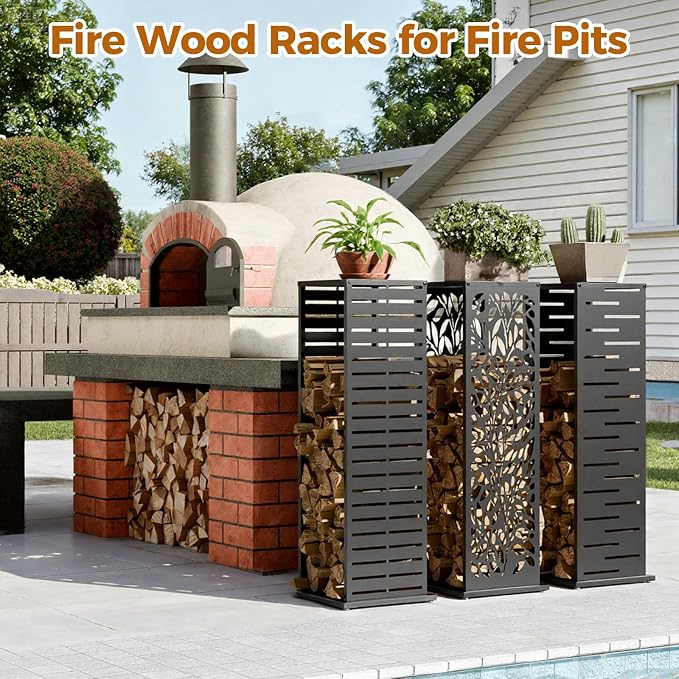 4ft Firewood Rack with Louver Pattern, Fire Wood Rack Log Holder with Hooks - Image 3