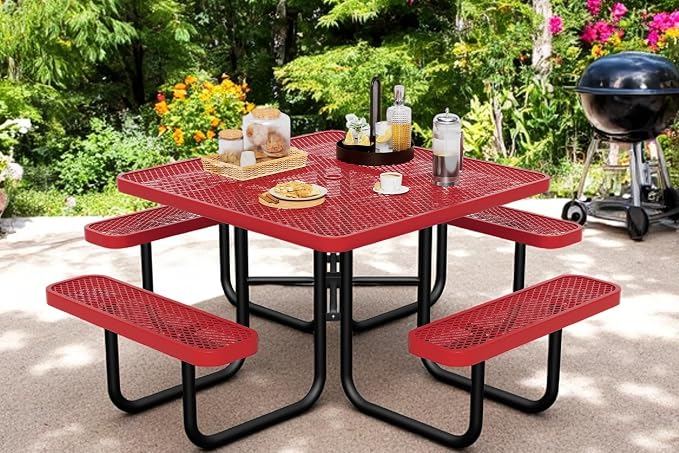 46" Square Picnic Table for Outside, Heavy Duty Metal Picnic Table Bench Set - Image 6