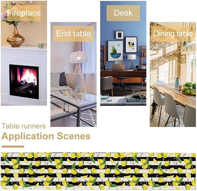 Farmhouse Lemon Fruit Table Runner Nature Aesthetic Black White Stripe Flowers - Image 4