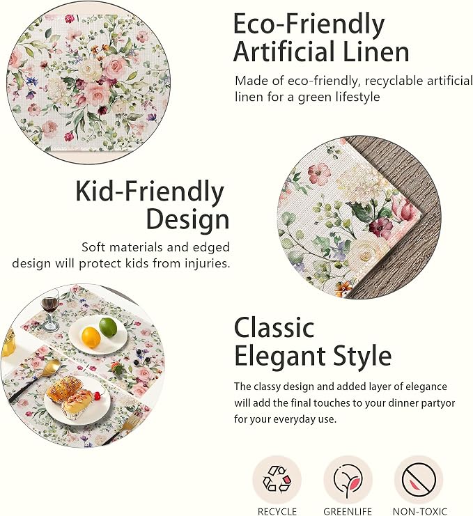 Spring Flower Placemats Set of 6, Waterproof Non-Slip Washable Table Mats Set - Image 3