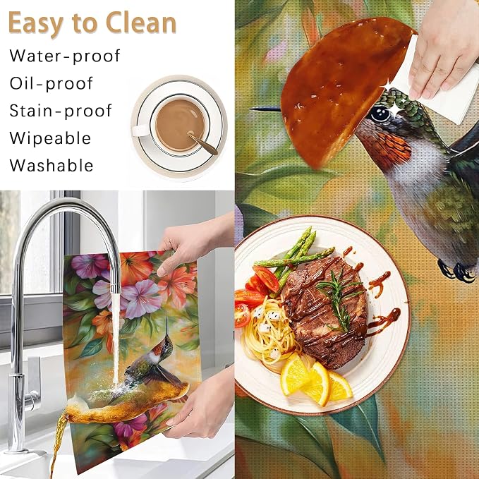 Hummingbird Placemats Set of 6, Colorful Flower Waterproof Non-Slip Washable - Image 5