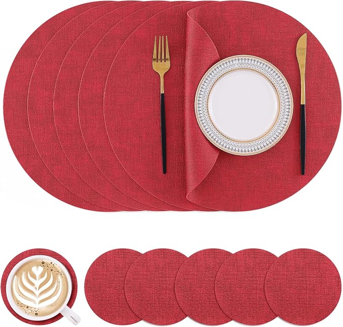 Homaxy Round Faux Leather Placemats and Coasters, Washable Dual-Side Table Mats by Homaxy