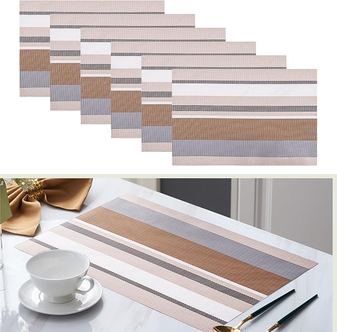 Set of 6 Colorful Striped Vinyl Placemats Heat-Resistant Washable Placemats by Unknown