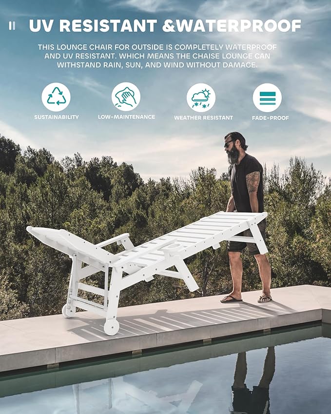 SERWALL Patio Chaise Lounge Chair, Poly Lounge Chair - Image 5