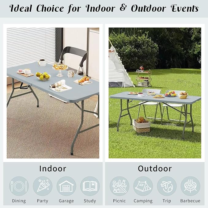 Fivenl 2 Pack 6 FT Folding Tables Grey Foldable Table, Fold-in-Half - Image 7