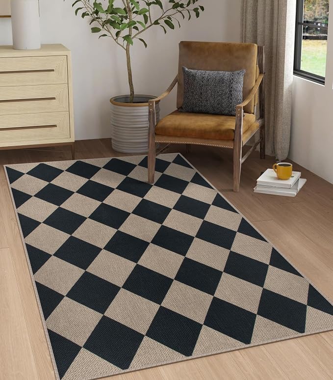 Easy Jute Checkered Area Rug, 3x5 Indoor Outdoor Door Mat Washable Black Modern by Rugalia