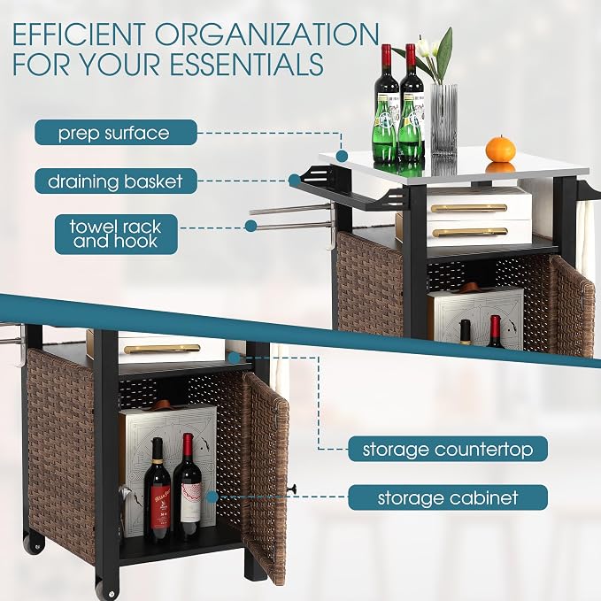 Grill Cart Outdoor with Wheels, Outdoor Prep Table with Wicker Storage and - Image 5