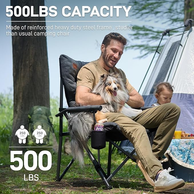Oversized Padded Folding Camping Chair with Steel Frame, 500 lb Capacity, Black