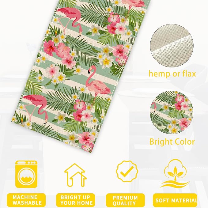 Flamingo Palm Leaf Hibiscus Table Runner Dresser Scarves Seasonal Linen - Image 3