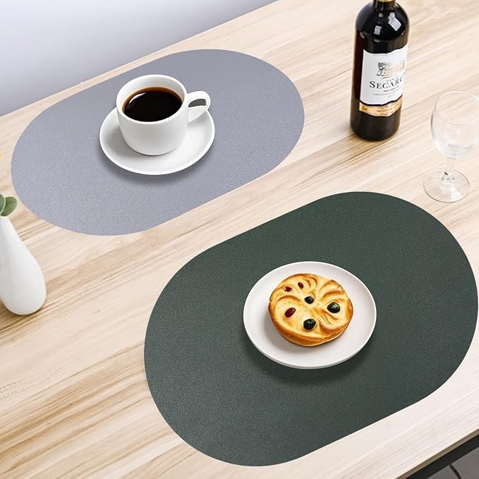 Faux Leather Placemats Set of 6 Oval Reversible Placemat Waterproof Green and - Image 4