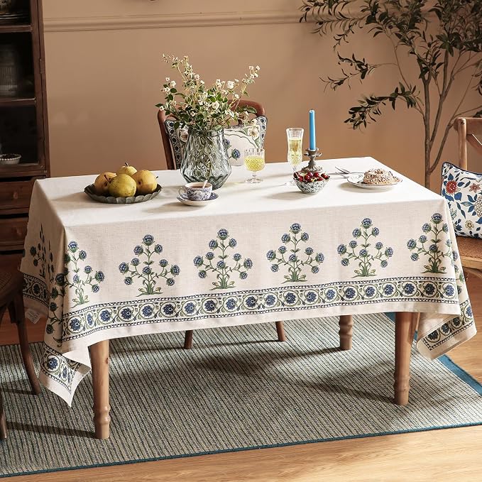 patdrea Designer Linen Vintage Blue Rectangle Tablecloth, Leaves Pattern - Image 9