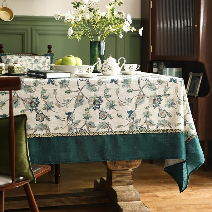 patdrea Designer Green Linen Extra Long Rectangle Tablecloth, Vintage Floral - Image 2