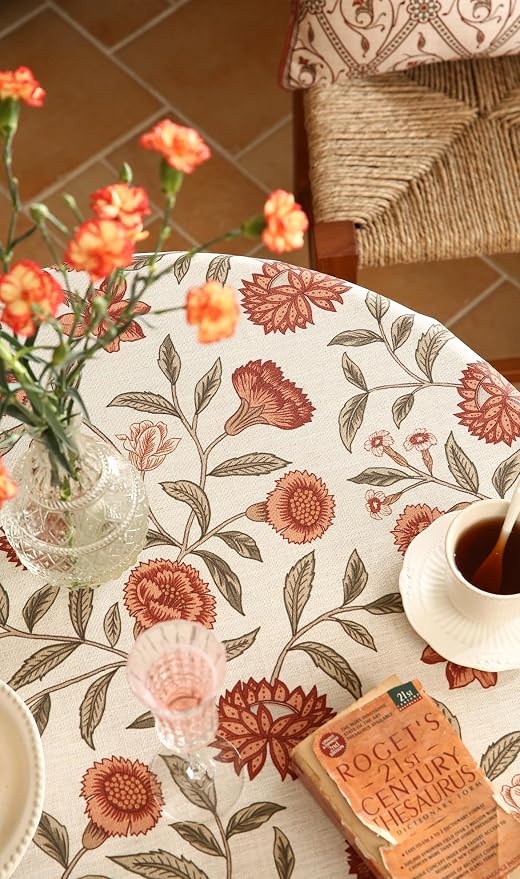 ISAENNE Designer French Round Tablecloth, Linen Orange Floral Pattern Indoor - Image 4