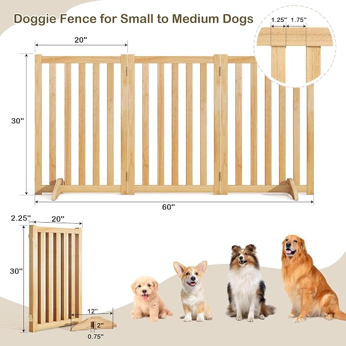 30" Height Tall Freestanding Pet Gate, Solid Wood Folding Safety Fence Wooden - Image 3