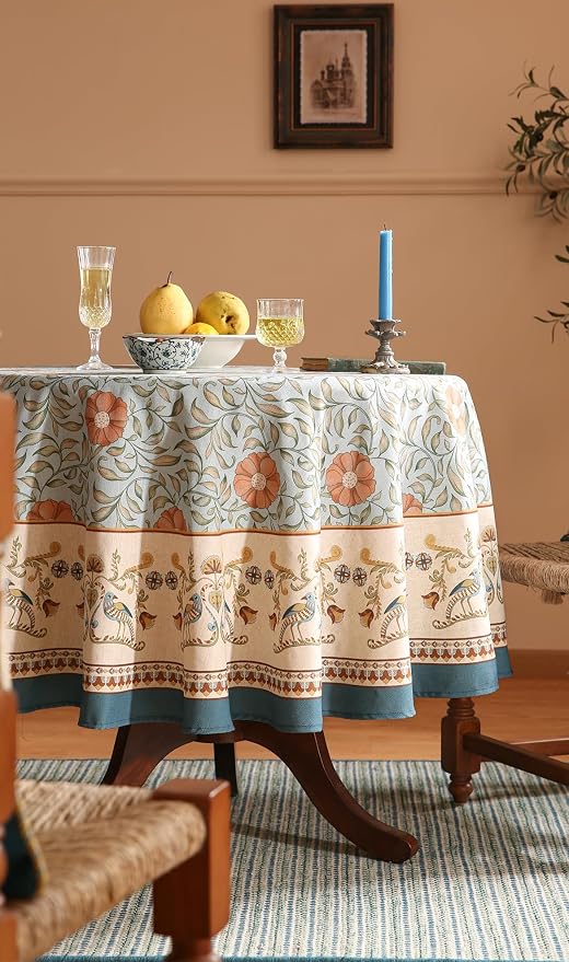 patdrea Designer French Linen Blue Round Table Cloth, Vintage Floral Tablecloth - Image 8