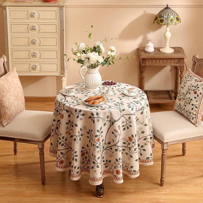 ISAENNE Designer Floral Round Tablecloth, French Linen Light Beige Indoor Table - Image 3
