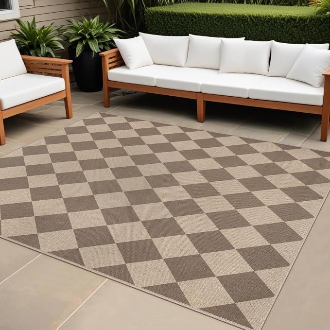 Easy Jute Brown Checkered 5x7 Area Rug, Washable Modern Rugs by Rugalia
