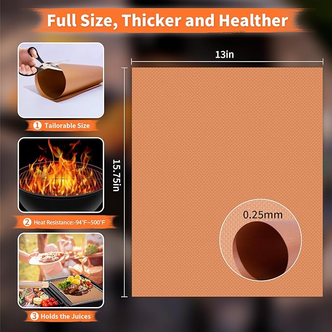 WIBIMEN Grill Mats for Outdoor Grill, Copper 9pcs Grill Mat, 100% Non-Stick - Image 2