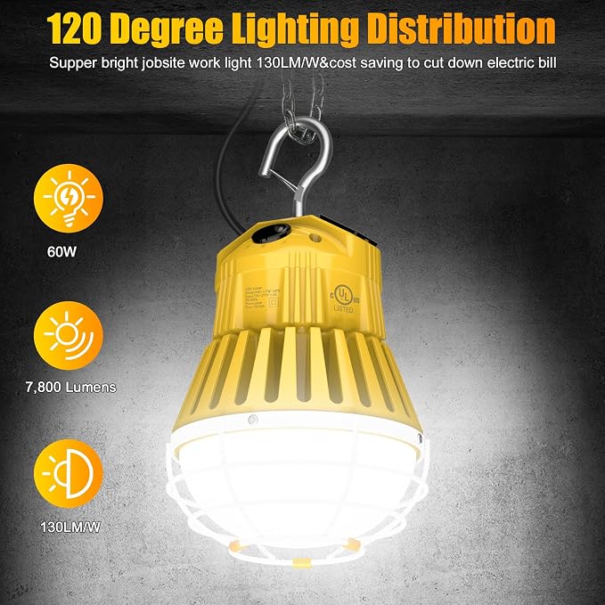 LED Temporary Work Light 60W, 7800LM 5000K Portable Hanging Construction Light - Image 2