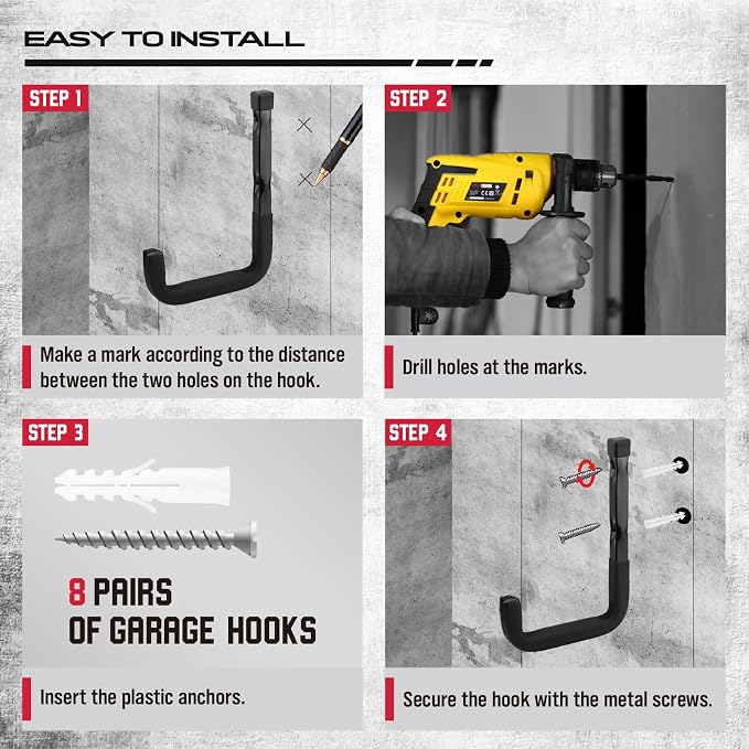 SEDY Heavy Duty Garage Storage Hook: 4-Piece 6" Wall Mount J Utility Hooks - Image 7