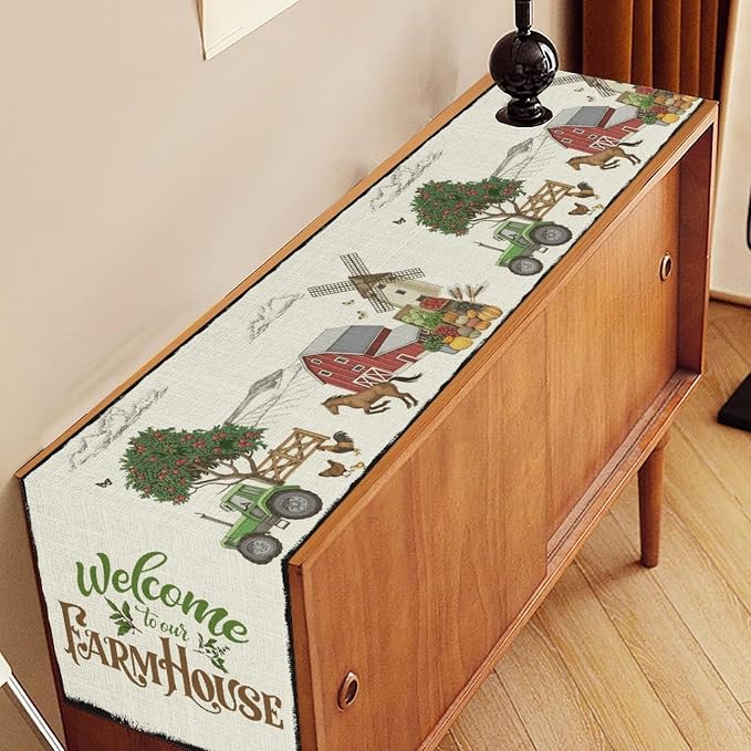 Farmhouse Horse Table Runner, Rustic Rooster Truck Tree Butterfly Animals - Image 3