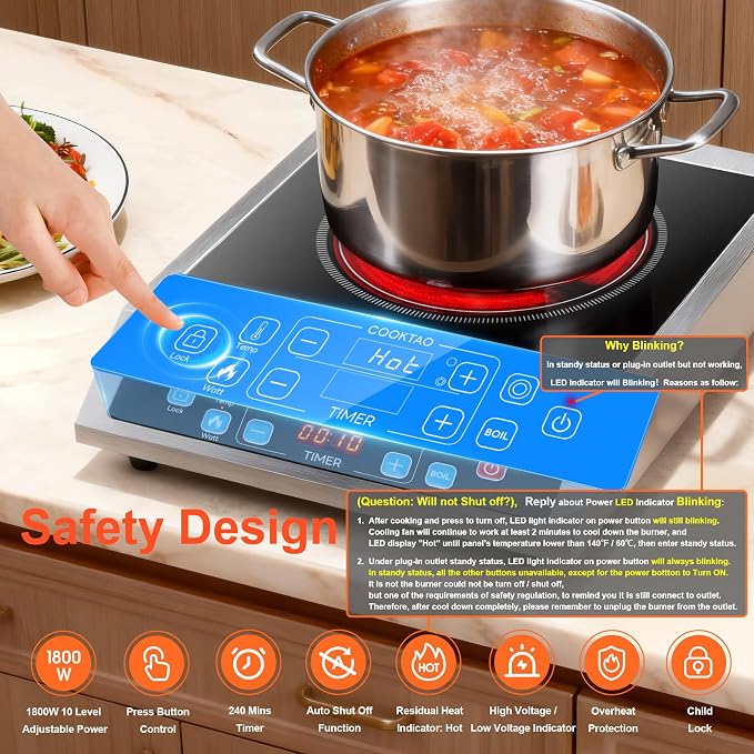 Dual Coils Design of Stainless Steel Single Burner Electric Cooktop, 1800W - Image 8