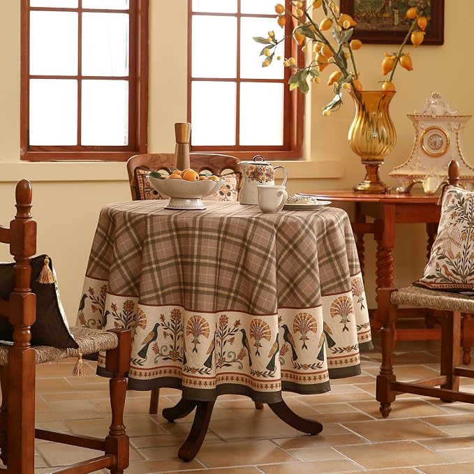 Vintage Brown Checkered Small Round Tablecloth, Italian Style Wrinkle Resistant - Image 2