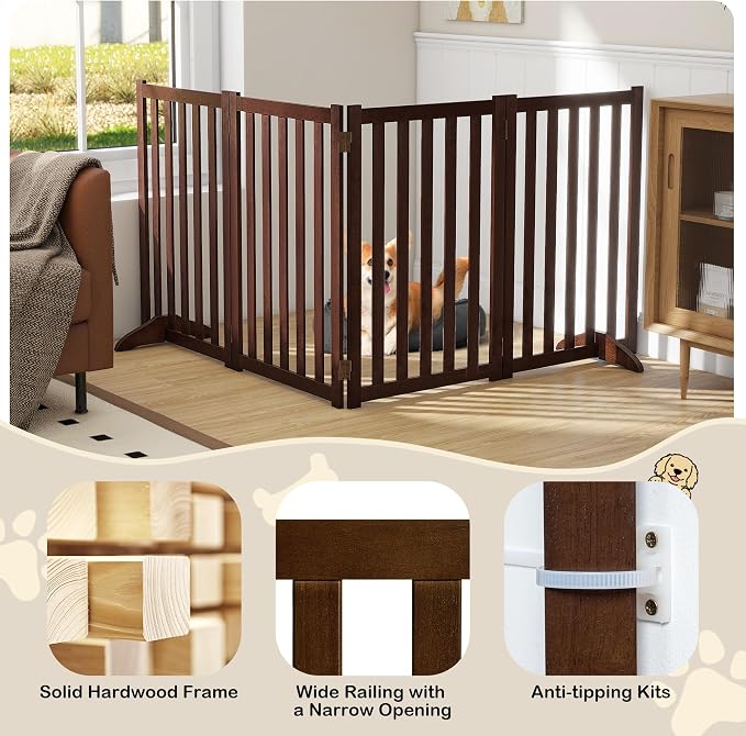 30" Height Tall Freestanding Pet Gate, Solid Wood Folding Safety Fence Wooden - Image 4