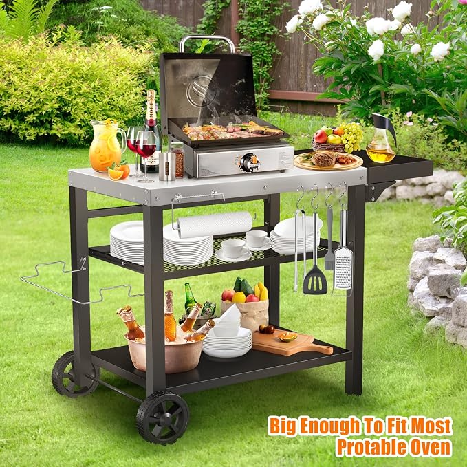 Grill Cart, Outdoor Grill Table, Pizza Oven Stand, Three-Shelf BBQ Table - Image 2