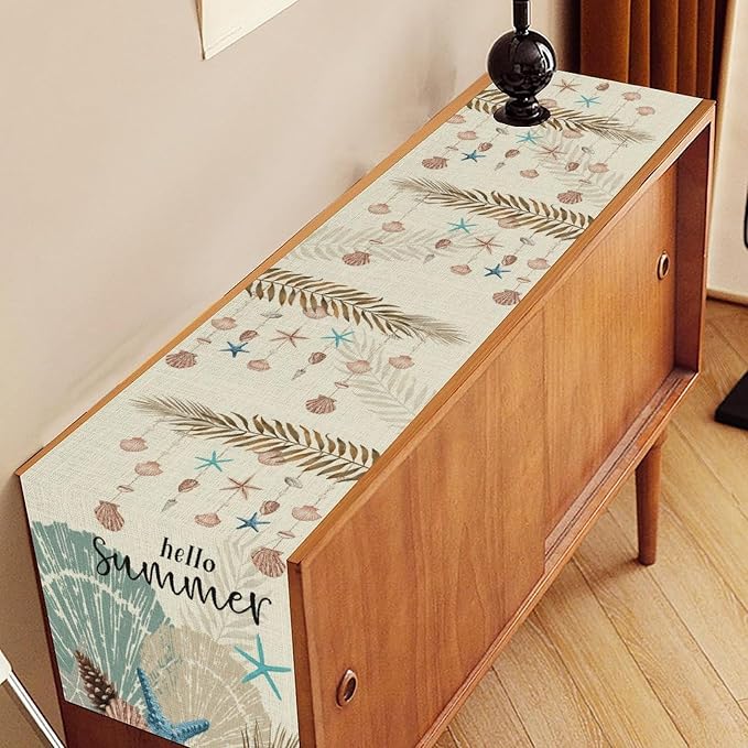 Nautical Coastal Table Runner, Rustic Starfish Seashells Tropical Leave Ocean - Image 3