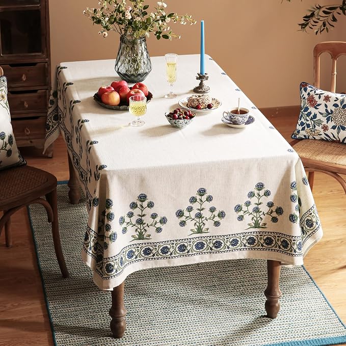 patdrea Designer Linen Vintage Blue Rectangle Tablecloth, Leaves Pattern - Image 9