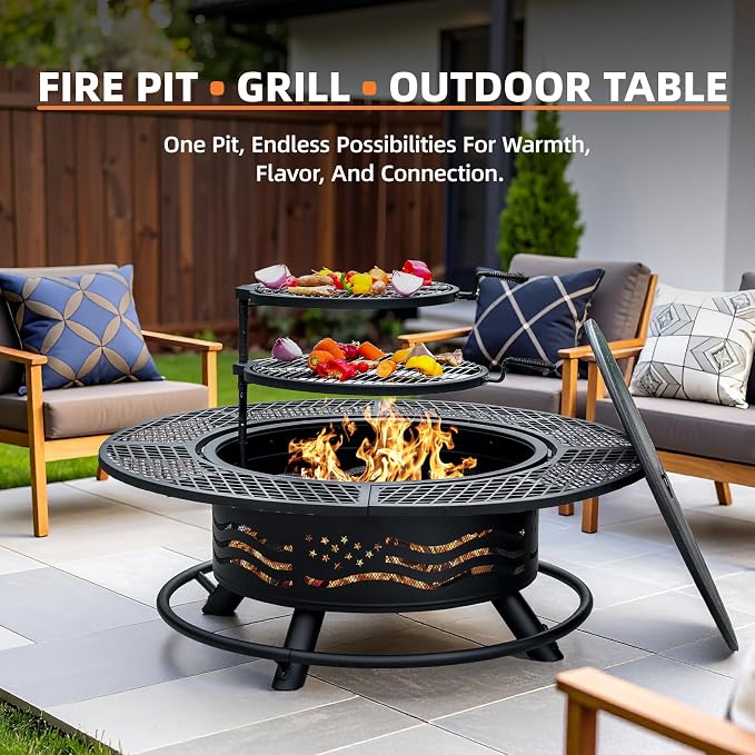 47 Inch Fire Pit with 2 Cooking Grates, Outdoor Wood Burning BBQ Grill Firepit - Image 7