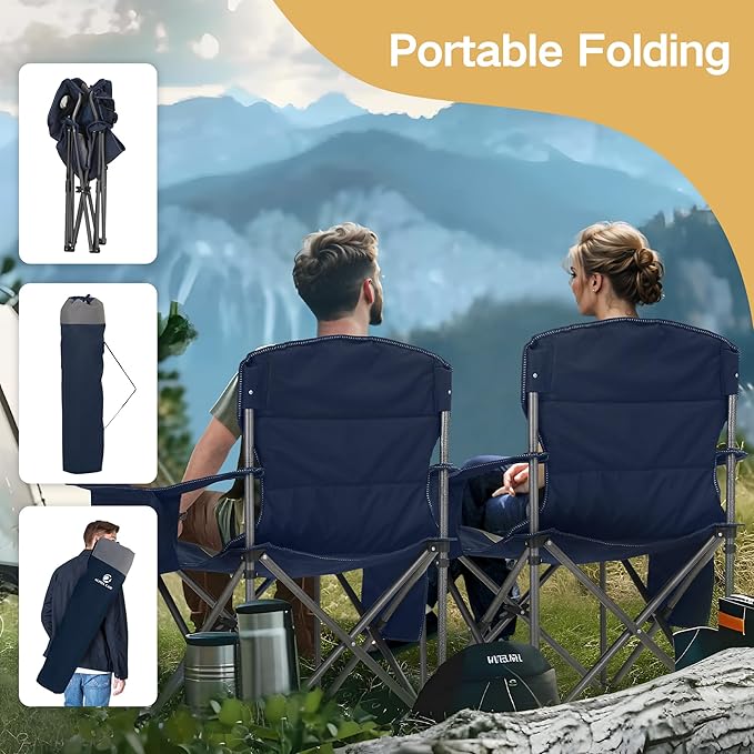 Oversized Camping Chair, Navy Blue, 500 lb Capacity, Built-In Cooler Bag
