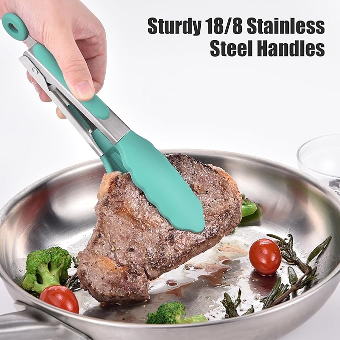 Tongs with Silicone Tips, 10.51-Inch Stainless Steel Locking Tongs, Aqua Sky