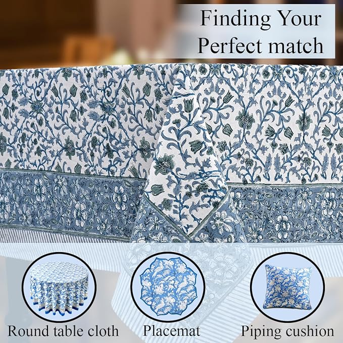 CPC Ocean Vine Tablecloth 100% Cotton 72x140 Inch Indian Block Print Rectangle - Image 8