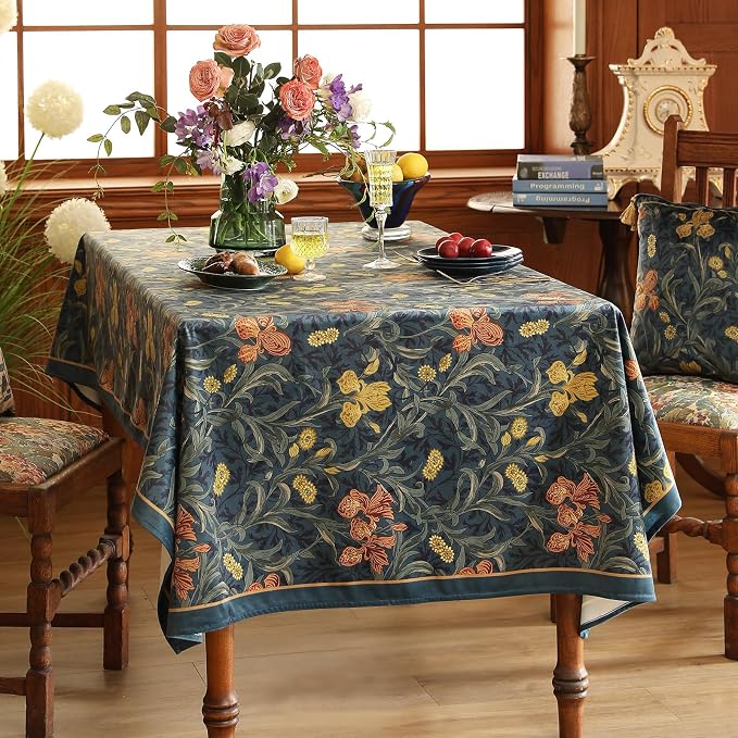 patdrea Designer Vintage Dark Blue Linen Rectangle Tablecloth, French Rustic - Image 3