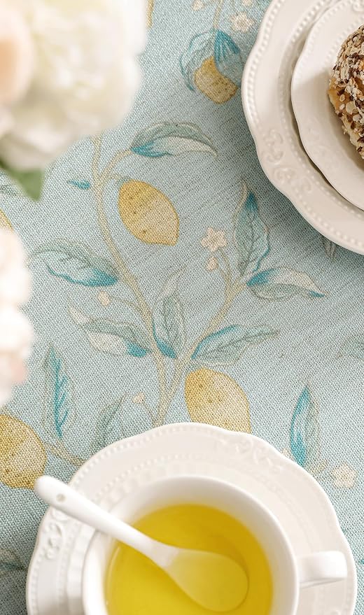 patdrea Designer Green Round Tablecloth, Vintage Linen Yellow Fruits Pattern - Image 6