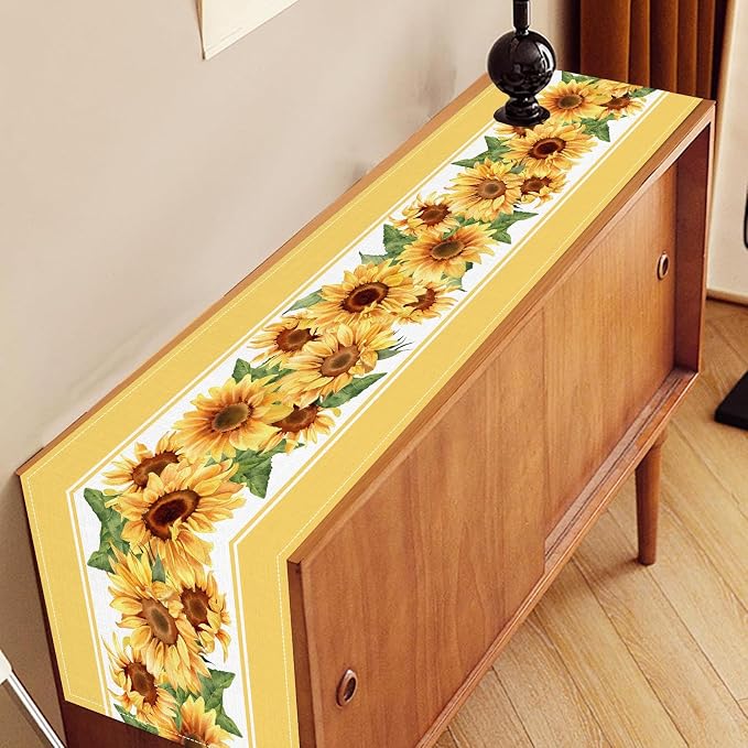 Yellow Sunflower Table Runner, Rustic Farmhouse Summer Sunshine Boho Floral Bee - Image 3