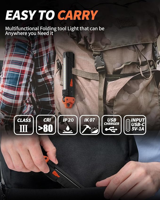 Led Work Light, 400LM Foldable Mechanic Light, Rechargeable Flashlight - Image 6