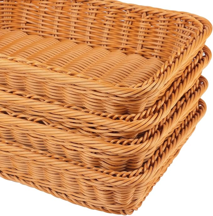 6 Pack 12 Inch Brown Poly Wicker Bread Baskets, Rectangular Wicker Bread Basket - Image 3