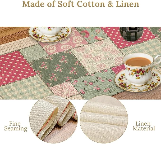 Patchwork Flowers Table Runner, Boho Plaid Floral Retro Romantic Rose Plants - Image 4