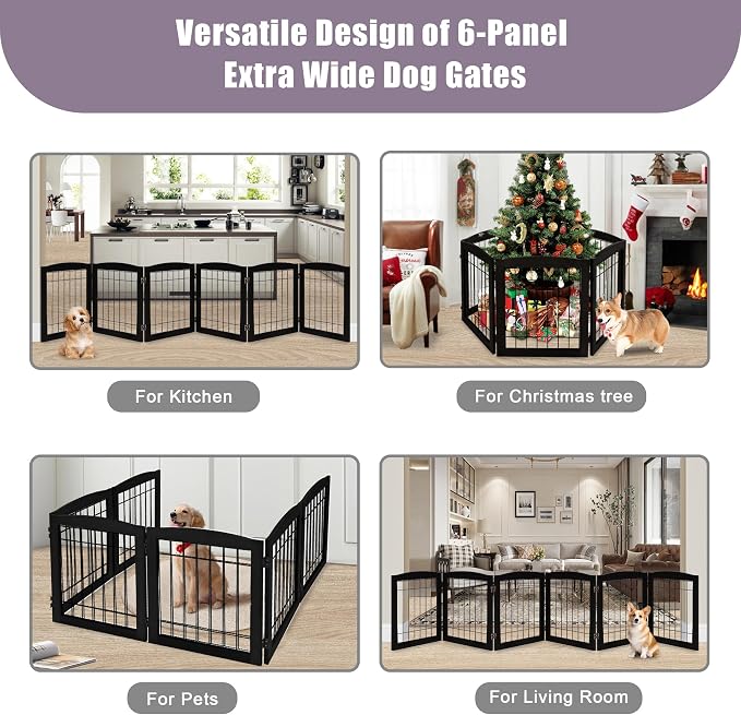 LZRS 6-Panel Extra Wide Wooden Freestanding Dog Gate: Foldable Solid Wood and - Image 6