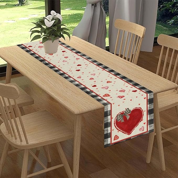Valentines Day Table Runner, Vintage Red Black Heart Buffalo Plaid Valentines - Image 3