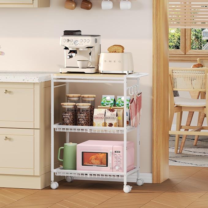 Microwave Kitchen Cart with 2 Lockable Wheels, 3 Tier Rolling Cart with 160Lbs - Image 9
